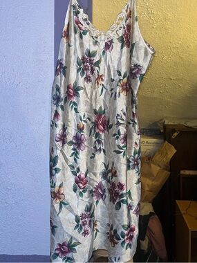 Vintage floralSlip Dress with Lace Trim - Ivory Base with Purple & Green Flowers